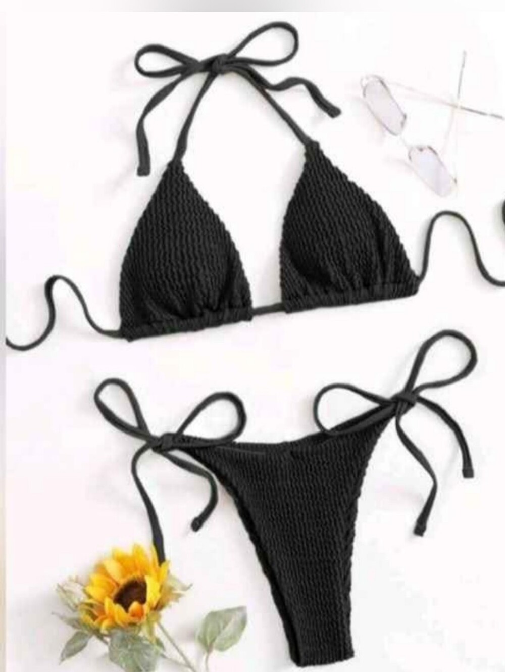NEW BLACK SMOCKED TRIANGLE TOP BIKINI WITH SIDE TIE BOTTOMS,SIZE MEDIUM